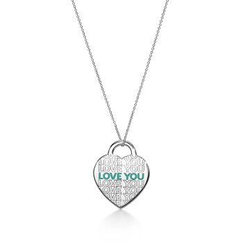 Tiffany Green Heart shaped “Love You” Pendant Silver Thin Chain Necklace