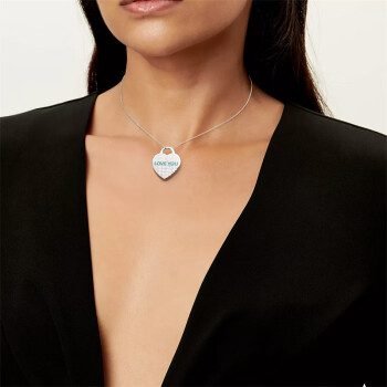 Tiffany Green Heart shaped “Love You” Pendant Silver Thin Chain Necklace