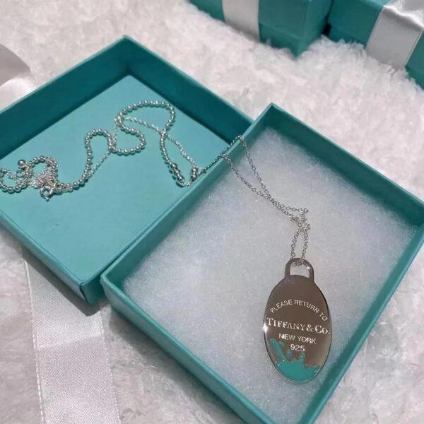Tiffany&CO NEW YORK 925 Silver Necklace with Green Elliptical Pendant and Handprint Pattern