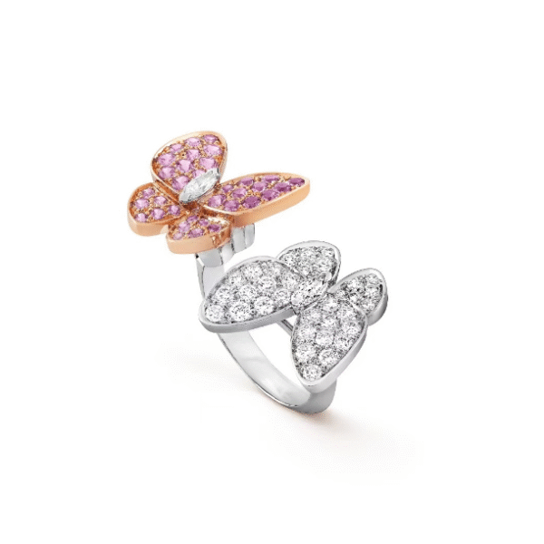 Double Butterfly Open-Piece Pink Diamond Engraved Ring
